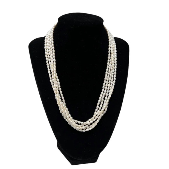 VINTAGE 5 STRAND RICE FRESHWATER PEARL 18" NECKLACE WITH 14k BALL CLASP CLOSURE - Picture 2 of 12